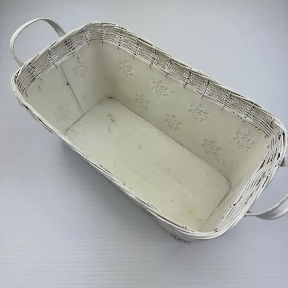 Wicker Woven Metal White Basket With Handles And Snowflakes